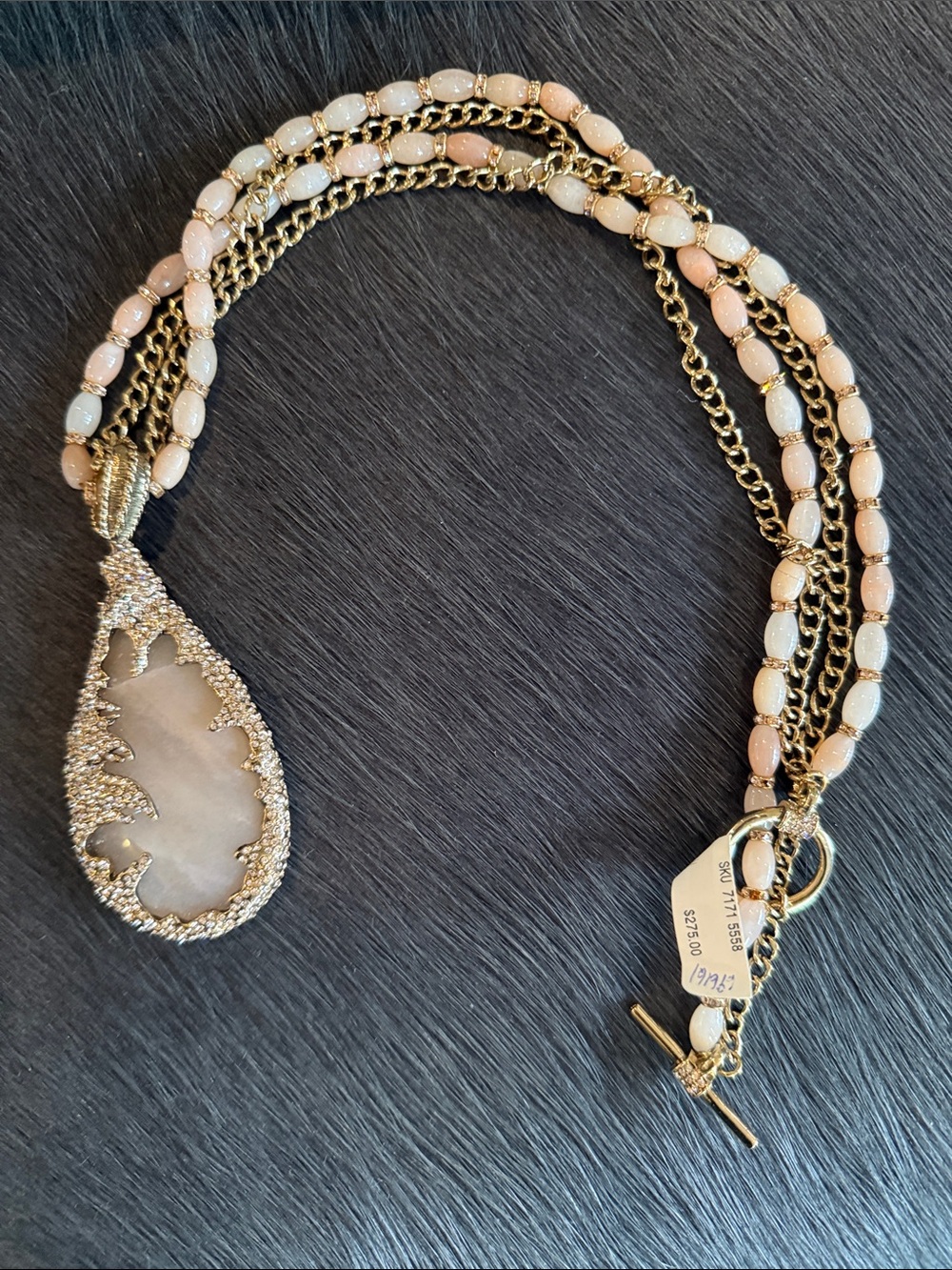 Neiman Marcus Gold-Tone Necklace with Pink and Cream Beads and Teardrop Pendant